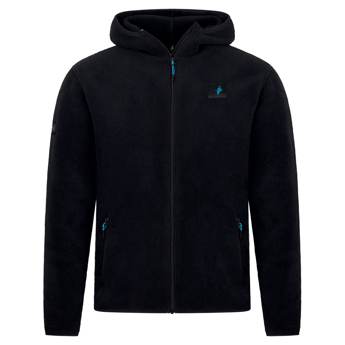 Schwarze Sherpa Fleecejacke mit Kapuze und Reißverschluss, ideal für kalte Tage.