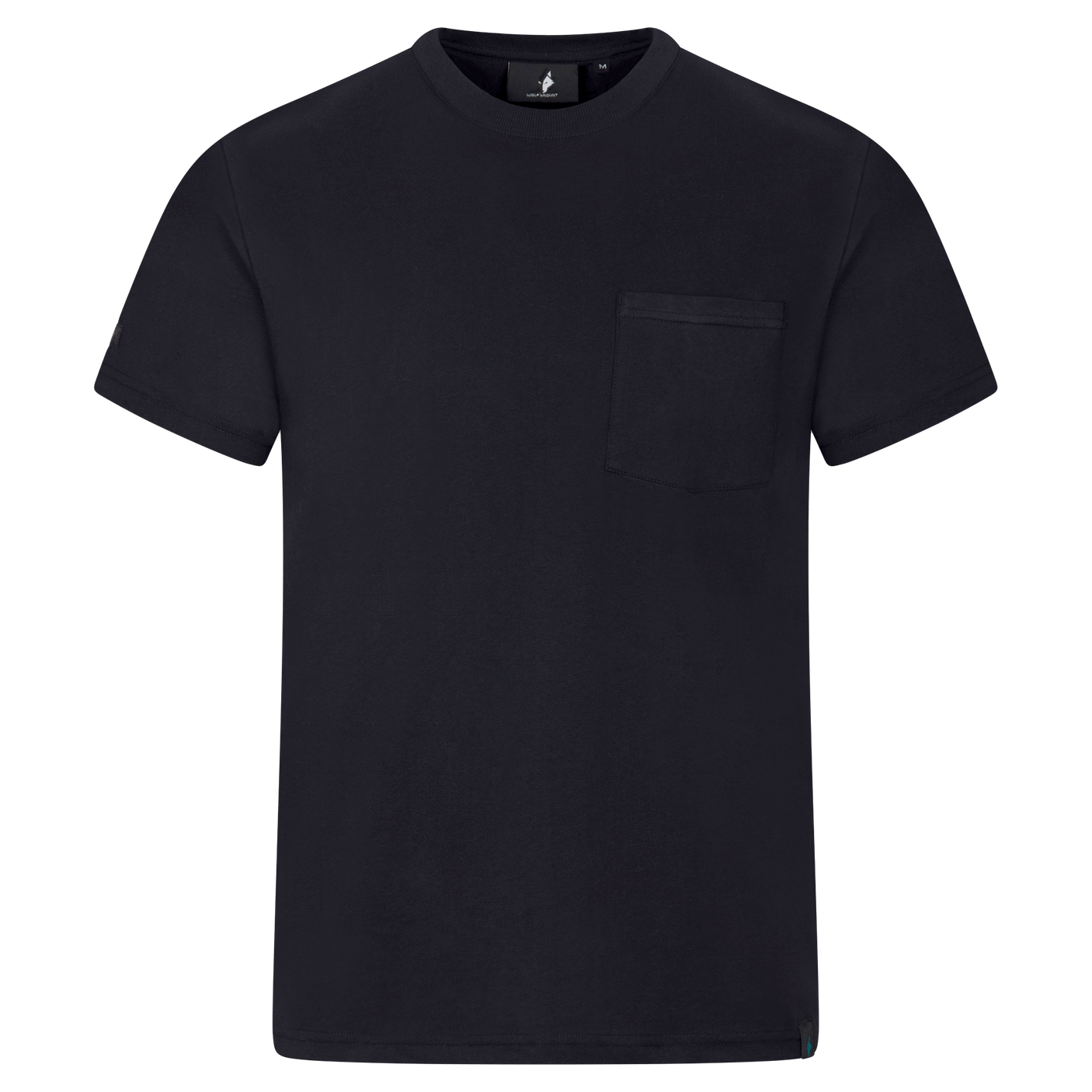 Black T-shirt with breast pocket, made from 100% cotton.