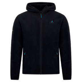 Schwarze Sherpa Fleecejacke mit Kapuze und Reißverschluss, ideal für kalte Tage.